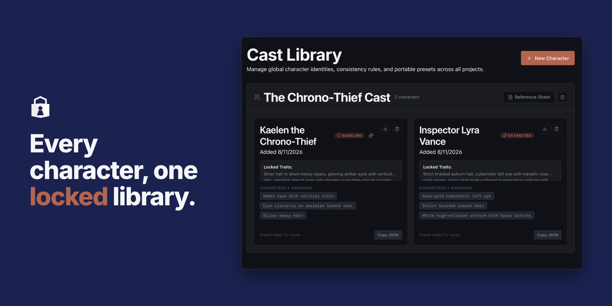 CastLock Cast Library screen showing a character roster with locked traits