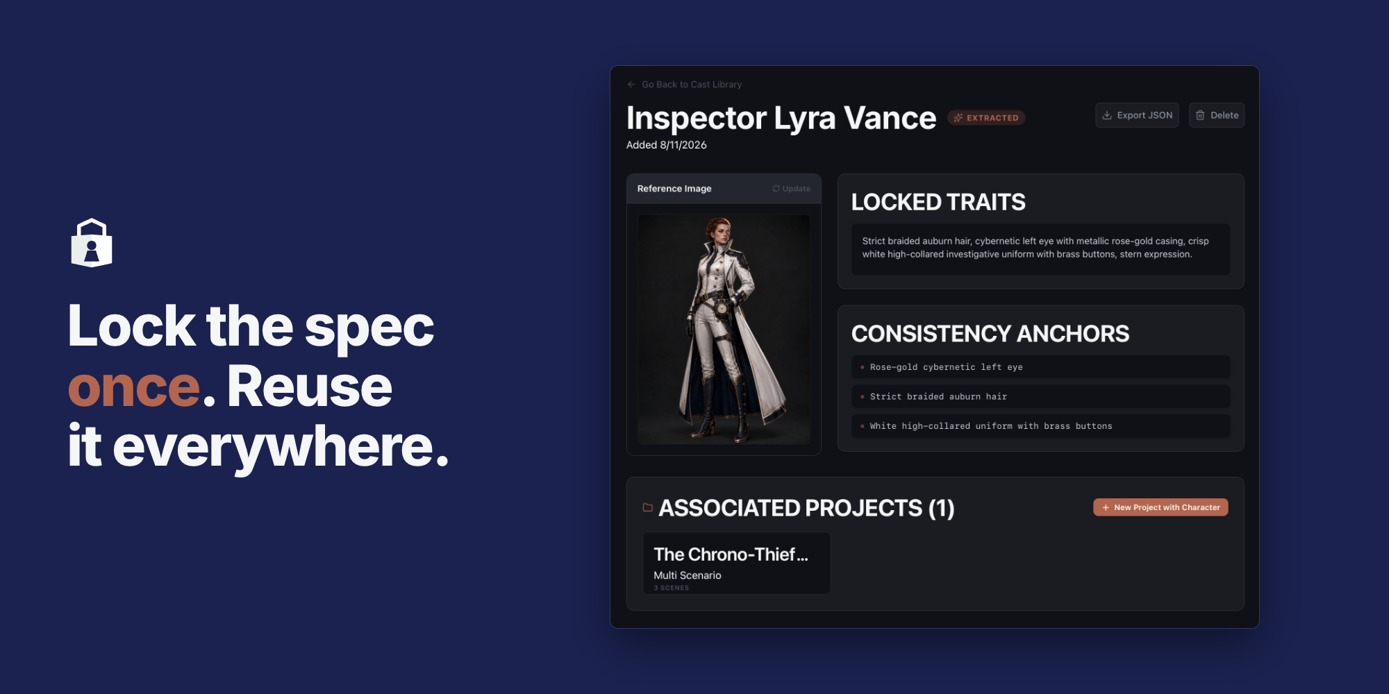 CastLock Character Detail screen showing locked traits and consistency anchors