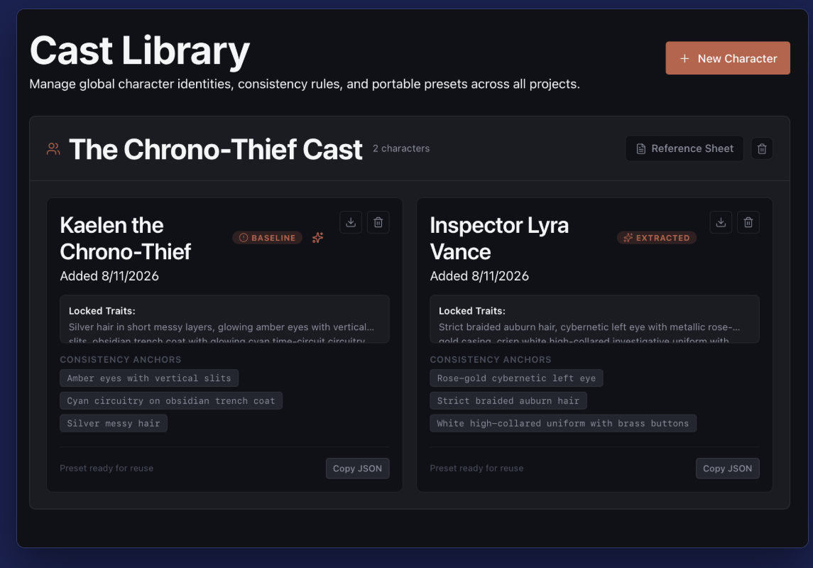 CastLock Cast Library screen showing a character roster with locked traits