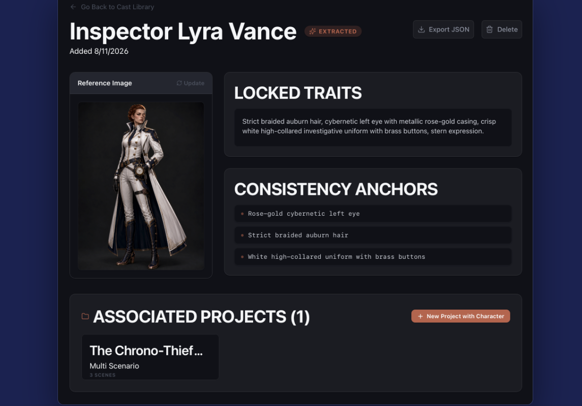 CastLock Character Detail screen showing locked traits and consistency anchors